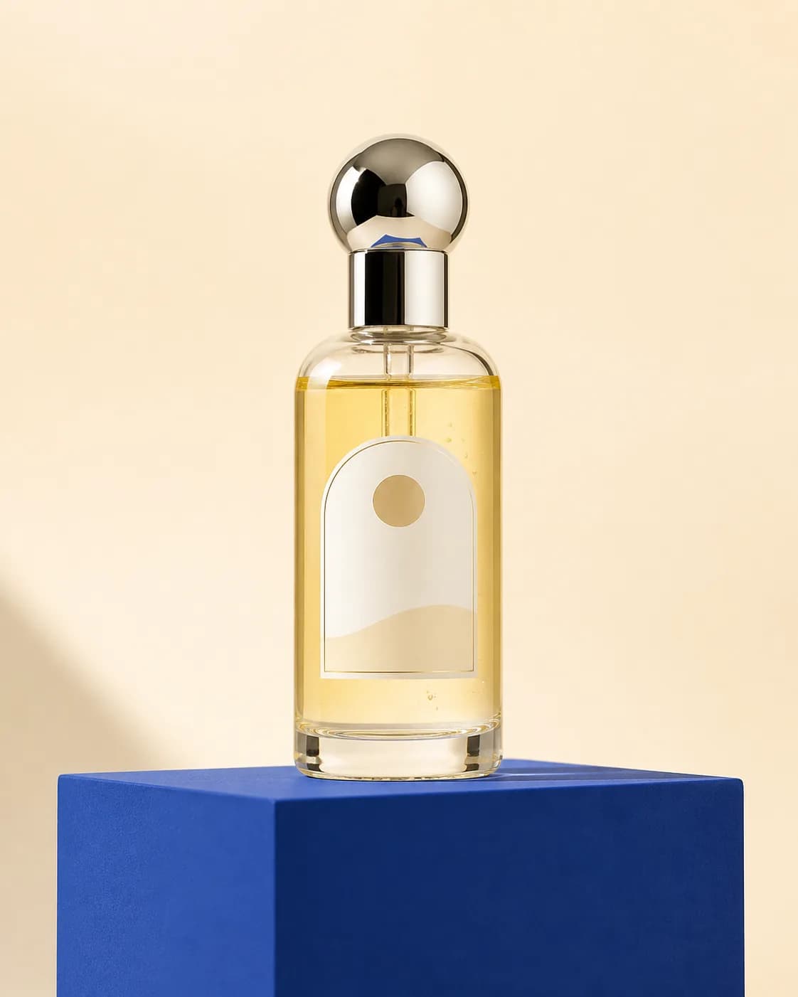 Glass serum bottle on a cobalt plinth